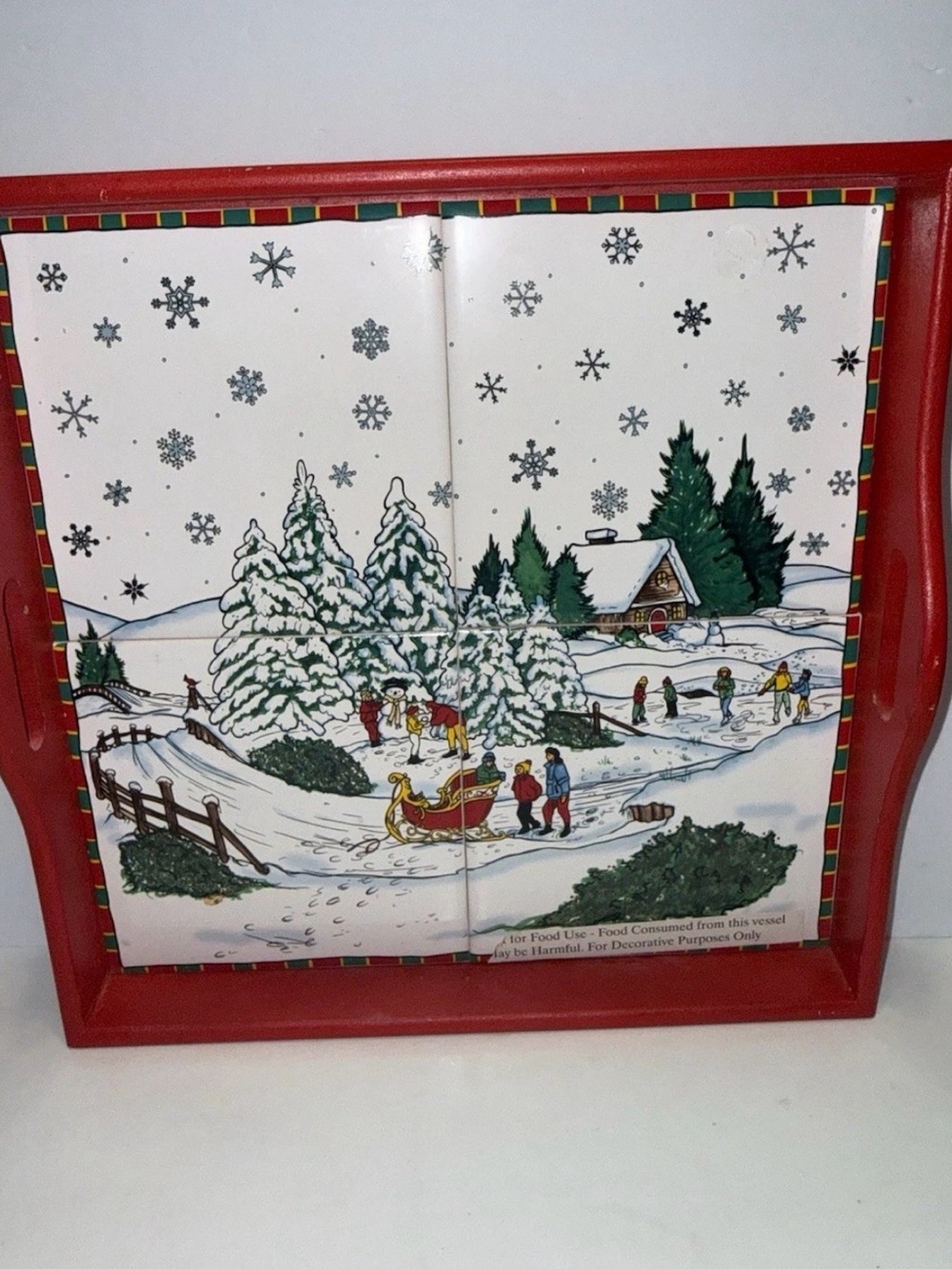 J. C. Penney 1996 Wood & Ceramic Serving Tray w/ Handles, Rectangle, Snowflakes
